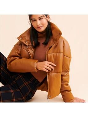 Apparis Anthropologie Tan Leather Puffer Jacket Coat XS